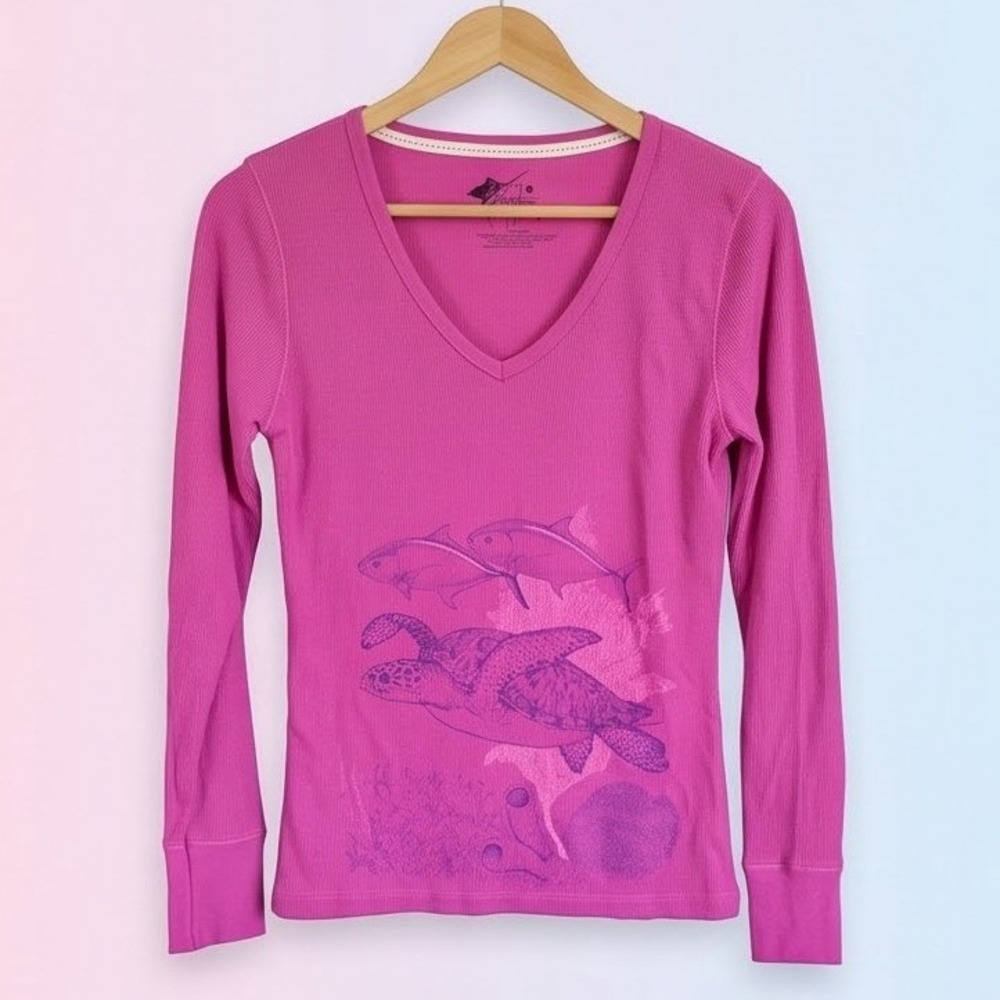 Guy Harvey L Women's Pink Waffle Knit V-Neck Sea Turtle Long Sleeve Shirt Large